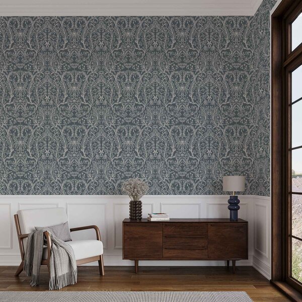 Carta da parati Ornamento floreale lineare su sfondo grigio-bluastro, Parati fiori e piante classici, a00929v1 : Uwalls.it