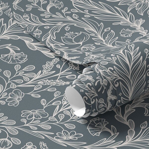 Carta da parati Ornamento floreale lineare su sfondo grigio-bluastro, Parati fiori e piante classici, a00929v1 : Uwalls.it