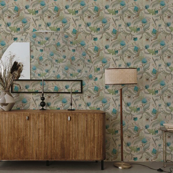 Carta da parati Germogli e foglie blu su sfondo beige chiaro, Parati fiori e piante classici, a00930 : Uwalls.it