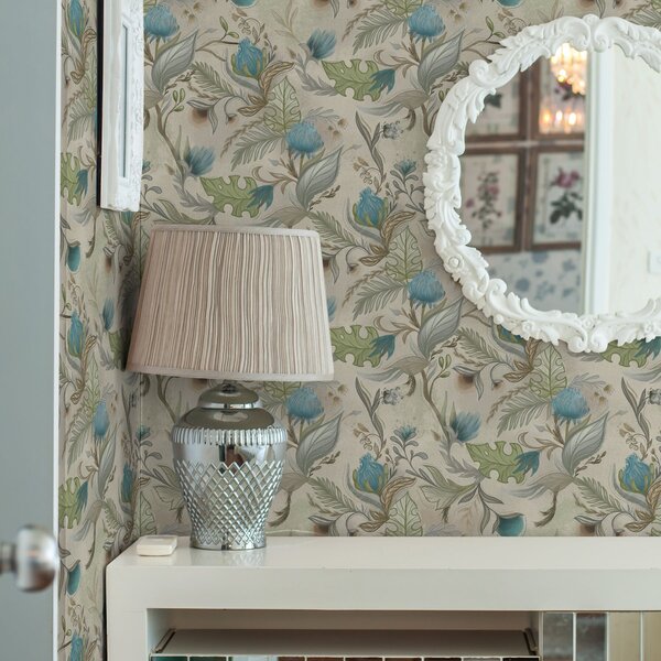 Carta da parati Germogli e foglie blu su sfondo beige chiaro, Parati fiori e piante classici, a00930 : Uwalls.it