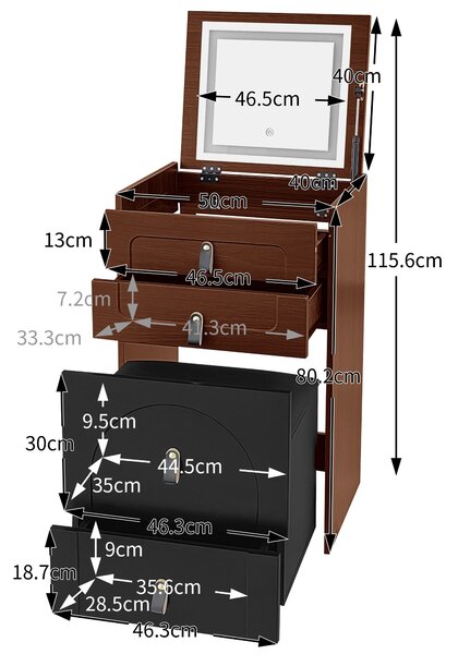 Tavolo da trucco multifunzionale, con specchio e 3 cassetti, illuminazione a LED, 50×40×115,6cm,Nero+Marrone