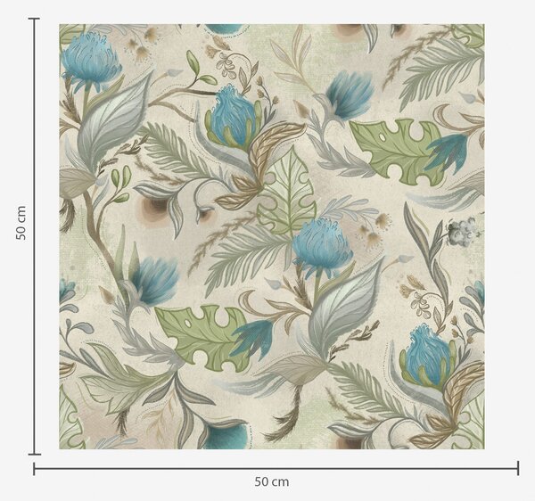 Carta da parati Germogli e foglie blu su sfondo beige chiaro, Parati fiori e piante classici, a00930 : Uwalls.it