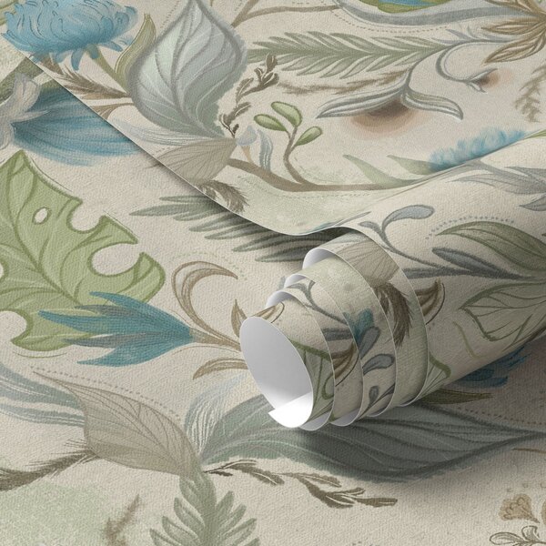 Carta da parati Germogli e foglie blu su sfondo beige chiaro, Parati fiori e piante classici, a00930 : Uwalls.it
