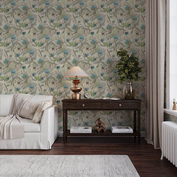 Carta da parati Germogli e foglie blu su sfondo beige chiaro, Parati fiori e piante classici, a00930 : Uwalls.it