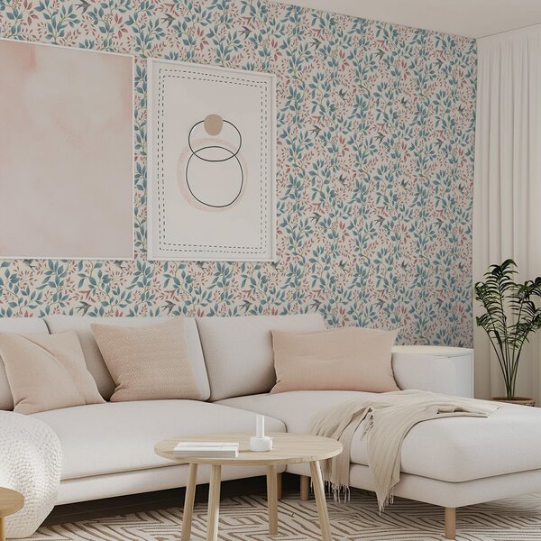 Carta da parati Rami blu e rosa con uccellini su sfondo color crema, Parati natura classici, Parati natura foglie classici, a00933 : Uwalls.it