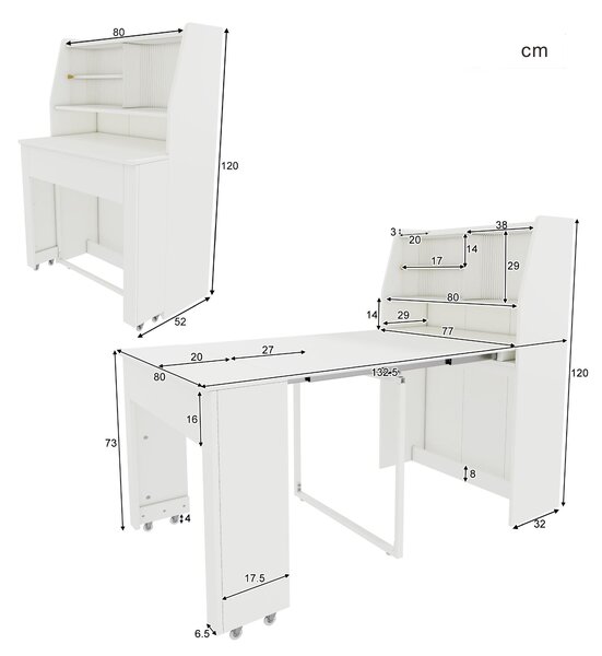 Tavolo da pranzo allungabile, con spazio per riporre oggetti, 52/132,5L×80P×120Acm, Bianco