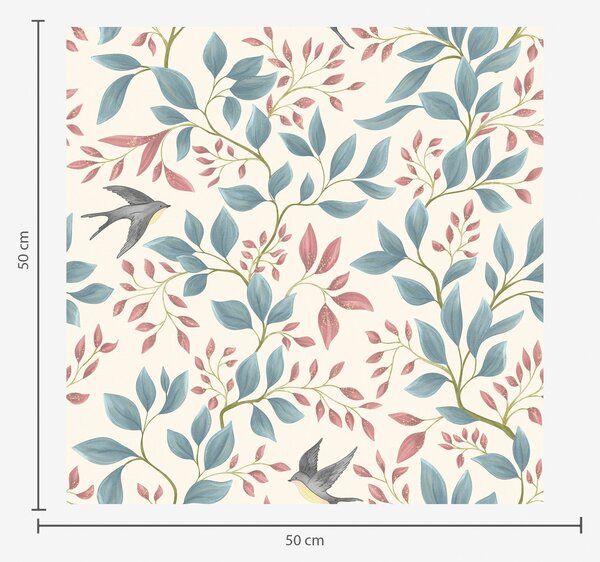 Carta da parati Rami blu e rosa con uccellini su sfondo color crema, Parati natura classici, Parati natura foglie classici, a00933 : Uwalls.it
