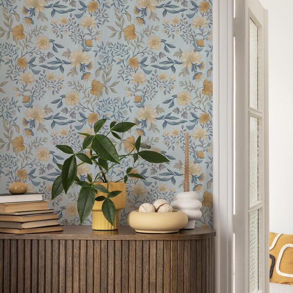 Carta da parati Fiori gialli e blu con foglie su sfondo azzurro cielo, Parati fiori e piante classici, a00934 : Uwalls.it