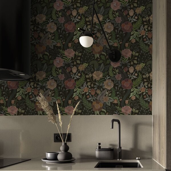 Carta da parati Ricchi fiori e vegetazione su uno sfondo scuro intenso, Parati fiori e piante classici, a00932 : Uwalls.it