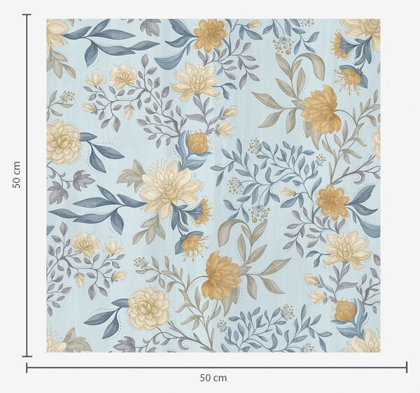 Carta da parati Fiori gialli e blu con foglie su sfondo azzurro cielo, Parati fiori e piante classici, a00934 : Uwalls.it