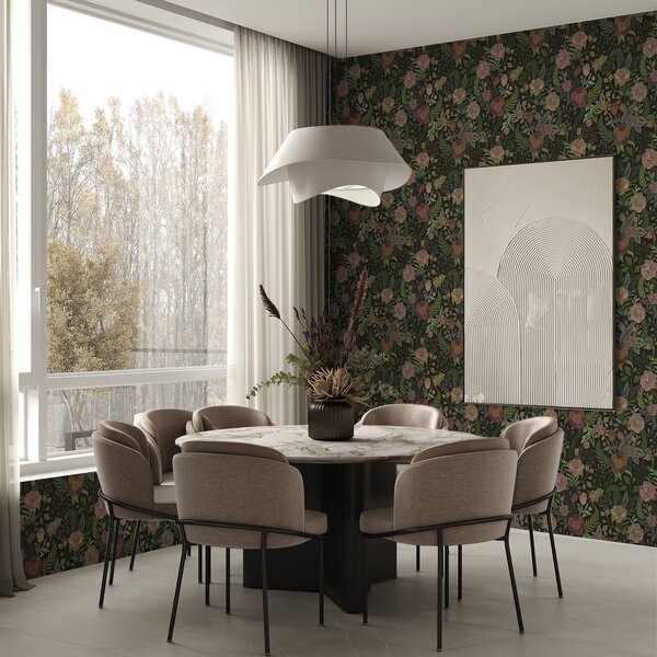 Carta da parati Ricchi fiori e vegetazione su uno sfondo scuro intenso, Parati fiori e piante classici, a00932 : Uwalls.it