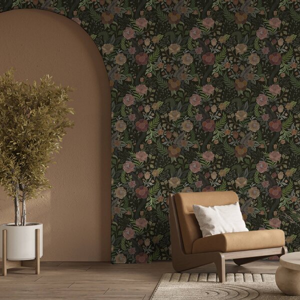 Carta da parati Ricchi fiori e vegetazione su uno sfondo scuro intenso, Parati fiori e piante classici, a00932 : Uwalls.it
