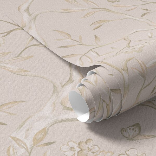 Carta da parati Rami fioriti beige con farfalle su uno sfondo tenue, Parati fiori e piante classici, a00951v2 : Uwalls.it