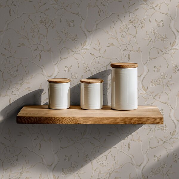 Carta da parati Rami fioriti beige con farfalle su uno sfondo tenue, Parati fiori e piante classici, a00951v2 : Uwalls.it