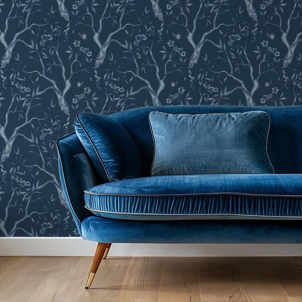 Carta da parati Rami fioriti blu con farfalle su sfondo scuro, Parati fiori e piante classici, a00951v1 : Uwalls.it