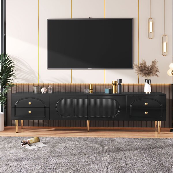 Mobile TV per soggiorno, con cassetti strutturati e ante in vetro, 175×35×45 cm, Nero