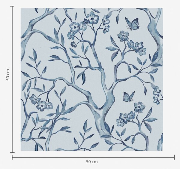 Carta da parati Rami blu acquerellati con fiori e farfalle su sfondo chiaro, Parati fiori e piante classici, a00951 : Uwalls.it
