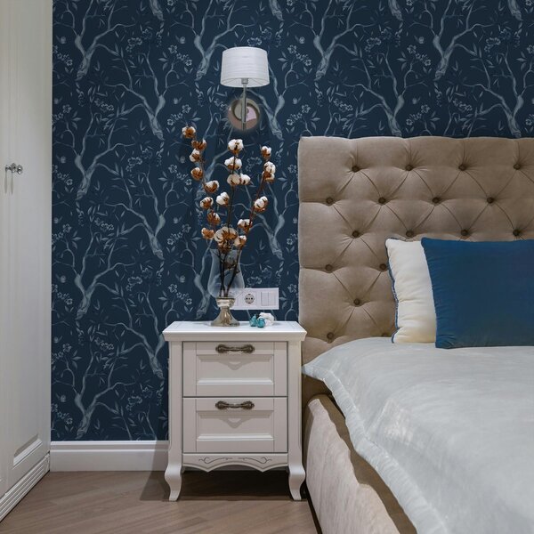 Carta da parati Rami fioriti blu con farfalle su sfondo scuro, Parati fiori e piante classici, a00951v1 : Uwalls.it