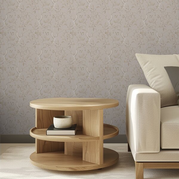 Carta da parati Rami fioriti beige con farfalle su uno sfondo tenue, Parati fiori e piante classici, a00951v2 : Uwalls.it
