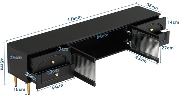 Mobile TV per soggiorno, con cassetti strutturati e ante in vetro, 175×35×45 cm, Nero