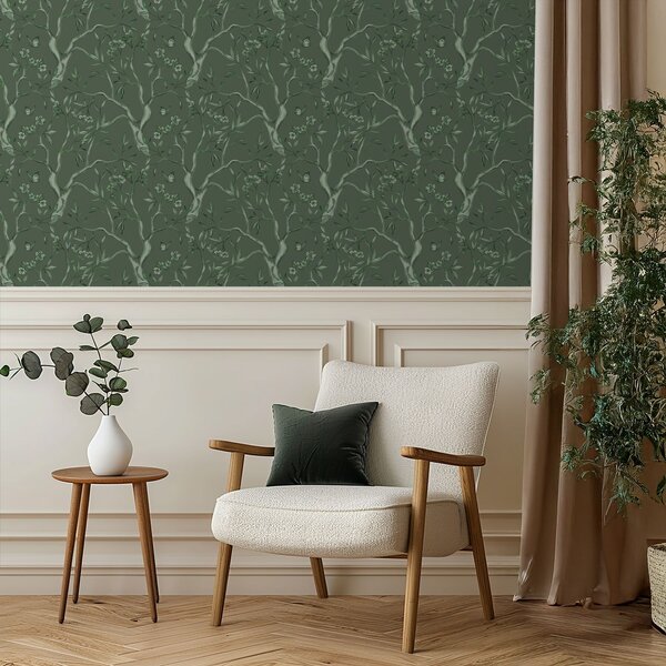 Carta da parati Rami fioriti verdi con farfalle su uno sfondo scuro, Parati fiori e piante classici, a00951v3 : Uwalls.it