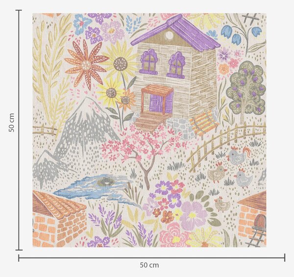 Carta da parati Disegno infantile di un villaggio con una casa, montagne e fiori, Parati fiori e piante classici, a00952 : Uwalls.it