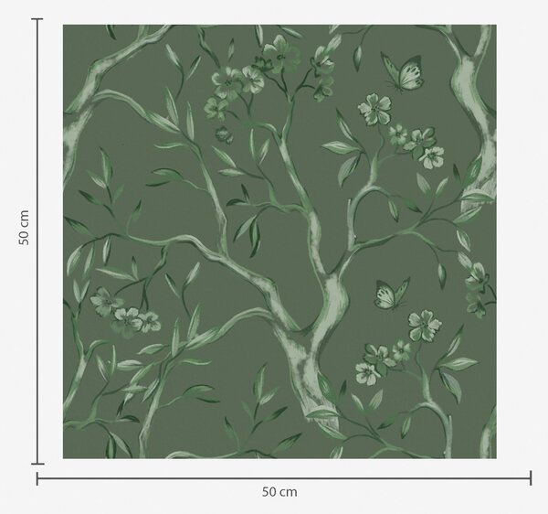 Carta da parati Rami fioriti verdi con farfalle su uno sfondo scuro, Parati fiori e piante classici, a00951v3 : Uwalls.it