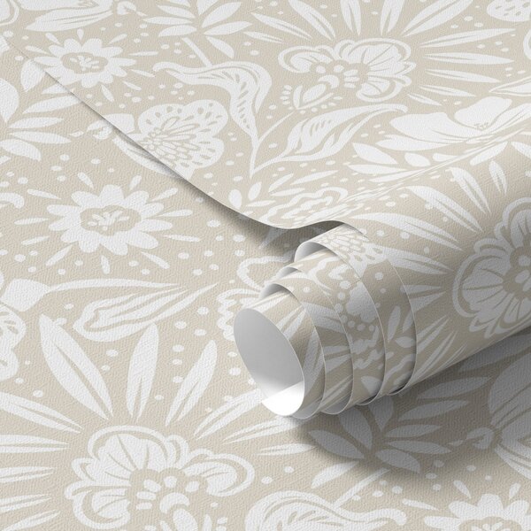 Carta da parati Ornamento floreale lineare bianco su sfondo beige, Parati fiori e piante classici, a00956 : Uwalls.it