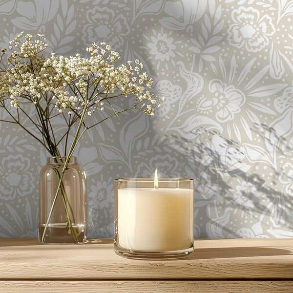 Carta da parati Ornamento floreale lineare bianco su sfondo beige, Parati fiori e piante classici, a00956 : Uwalls.it