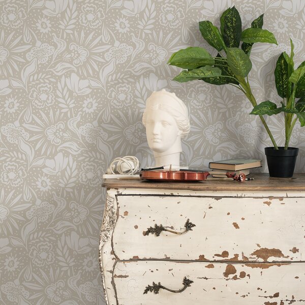 Carta da parati Ornamento floreale lineare bianco su sfondo beige, Parati fiori e piante classici, a00956 : Uwalls.it