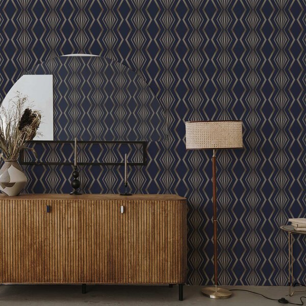 Carta da parati Sfondo blu scuro con rombi geometrici e zigzag, Parati astratta classici, a00974v2 : Uwalls.it