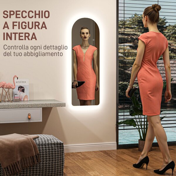 HOMCOM Specchio da Parete ad Arco con Illuminazione LED Regolabile e Controllo Touch, in Vetro Temperato, 40x3x120 cm