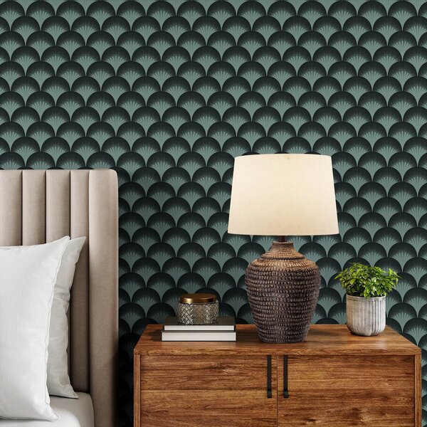 Carta da parati Ventagli color menta a contrasto su uno sfondo quasi nero, Parati astratta classici, a00990 : Uwalls.it