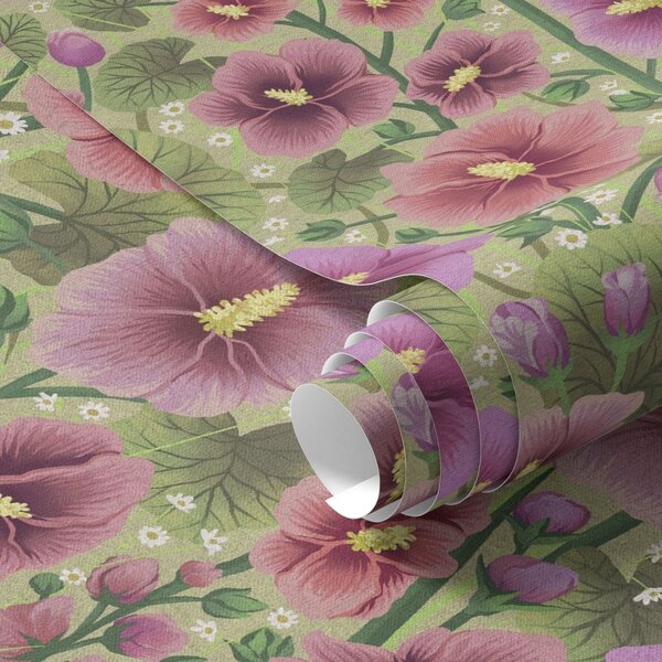Carta da parati Grandi fiori e foglie di ibisco su sfondo verde scuro, Parati fiori e piante classici, a00993 : Uwalls.it