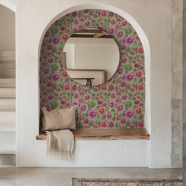 Carta da parati Grandi fiori e foglie di ibisco su sfondo verde scuro, Parati fiori e piante classici, a00993 : Uwalls.it
