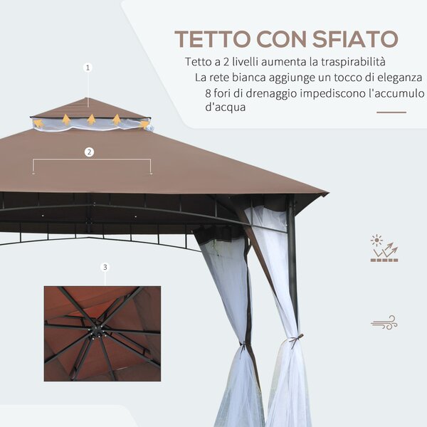 Outsunny Gazebo da Giardino con Zanzariera, Tetto a 2 Livelli e Struttura in Metallo, 3x3 m, Marrone | Aosom Italy
