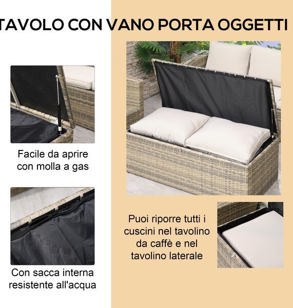 Outsunny Set da Giardino 6 Pezzi in Rattan con Divani, Poltrone e Tavoli Contenitore, Beige