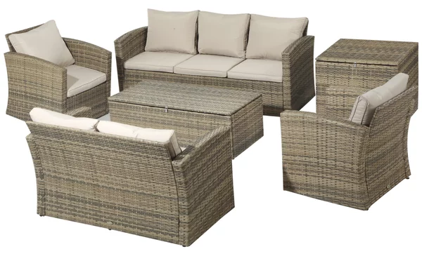 Outsunny Set da Giardino 6 Pezzi in Rattan con Divani, Poltrone e Tavoli Contenitore, Beige