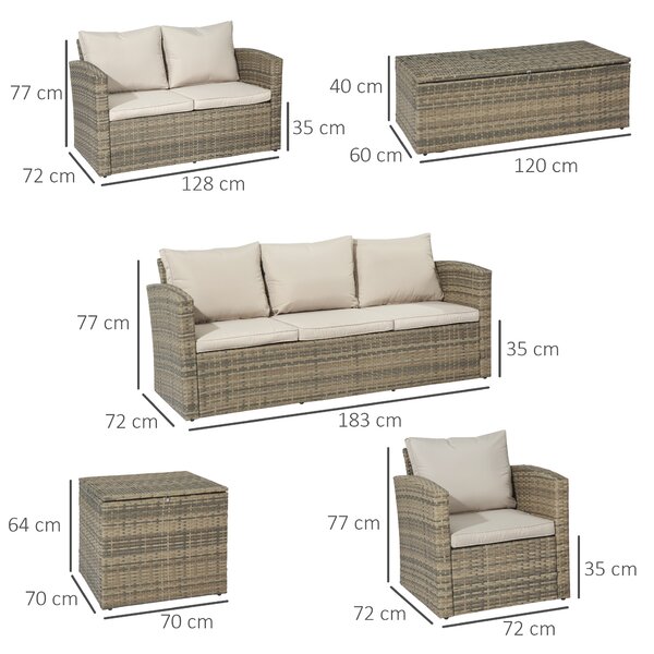 Outsunny Set da Giardino 6 Pezzi in Rattan con Divani, Poltrone e Tavoli Contenitore, Beige
