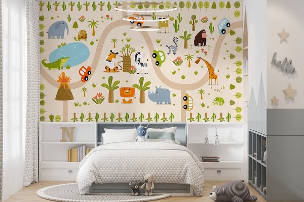 Carta da parati Safari con animali e automobili, Carta da parati per Bambini, w04931 : Uwalls.it