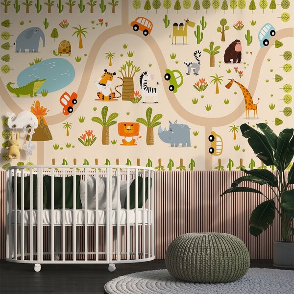 Carta da parati Safari con animali e automobili, Carta da parati per Bambini, w04931 : Uwalls.it