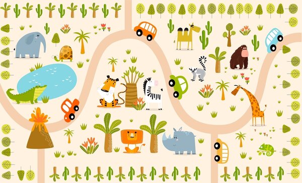 Carta da parati Safari con animali e automobili, Carta da parati per Bambini, w04931 : Uwalls.it