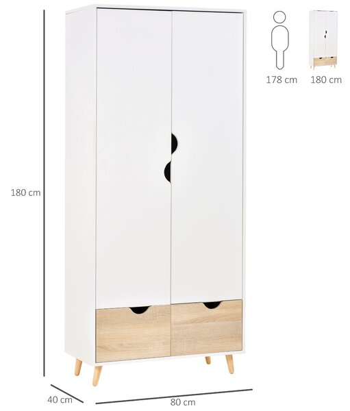 HOMCOM armadi economici armadietto elegante con ripiano attaccapanni 2 cassetti armadio cameretta con 2 ante 80x40x180 cm, bianco | Aosom Italy