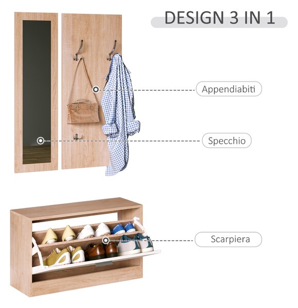 HOMCOM Set 3 Pezzi Scarpiera Appendiabiti Specchio Guardaroba da ingresso da Ingresso Camera da Letto in Legno|Aosom