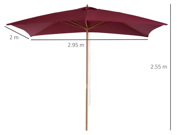 Outsunny Ombrellone da Giardino Impermeabile, Struttura in Legno, 2x2.95x2.55m, Bordeaux, Protezione UV per Esterni|Aosom