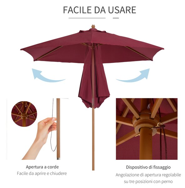 Outsunny Ombrellone in Legno, Parasole da Giardino Φ250 cm, Bordeaux, Resistente e Decorativo per Esterni|Aosom