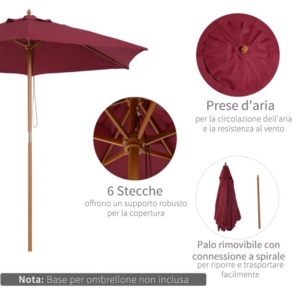 Outsunny Ombrellone in Legno, Parasole da Giardino Φ250 cm, Bordeaux, Resistente e Decorativo per Esterni|Aosom