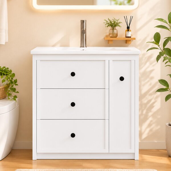 Mobile lavabo autoportante, 76 cm, bianco, verniciato, con lavabo in Vetroceramica