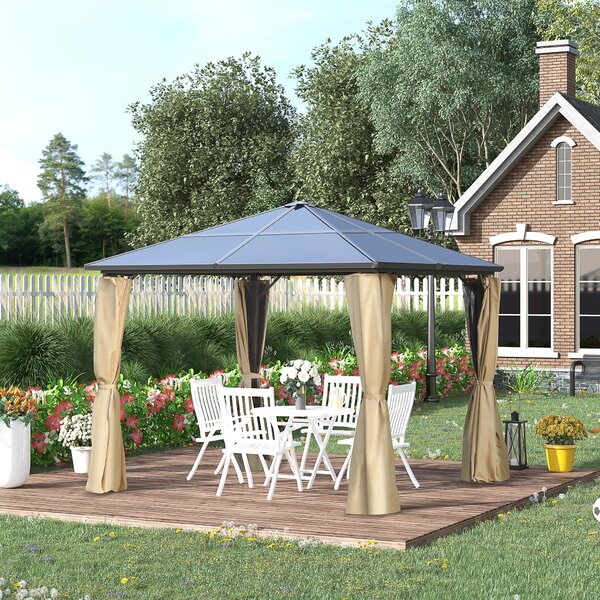 Outsunny Gazebo da Giardino 3x3m con Tetto in Policarbonato e Zanzariere, Struttura in Alluminio, Caffè e Khaki|Aosom