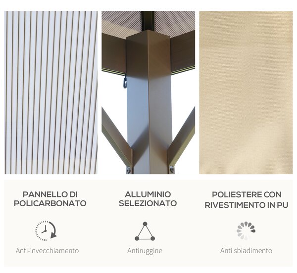 Outsunny Gazebo da Giardino 3x3m con Tetto in Policarbonato e Zanzariere, Struttura in Alluminio, Caffè e Khaki|Aosom